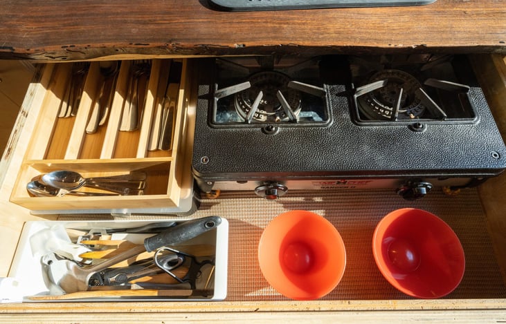 Full set of cookware including high-efficiency double burner for inside or outside cooking