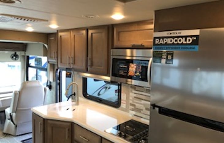 Double Sink, 2-burner high-output Gas Range Top with Single Induction Cooktop, 30" Over-the-Range Convection Microwave Oven, Residential Refrigerator, Pantry, etc.