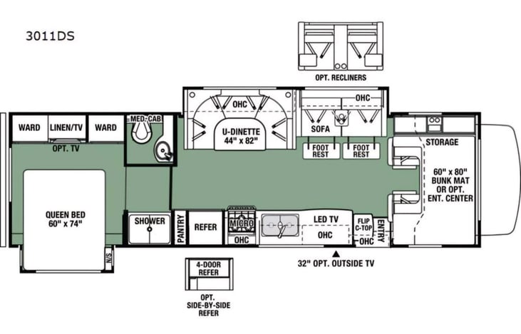 We have the recliner option and the outside TV.
The dinette makes a 44x82 bed.