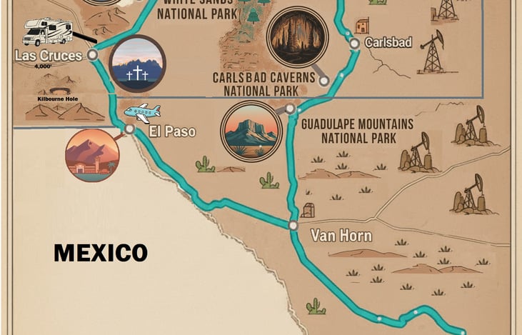 Most popular Rental route. See 4 National Parks. We offer delivery to El Paso and a shuttle Back from Las Cruces to complete the loop.