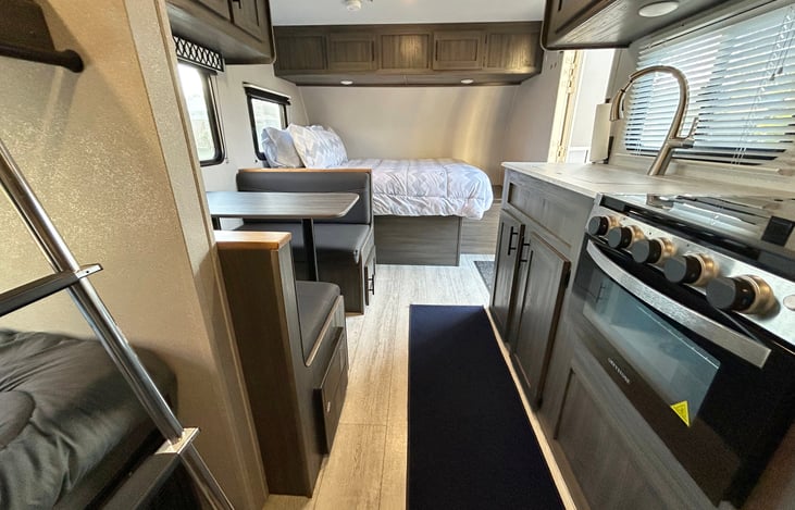 Ladder can be removed and stored while traveling or during the day.