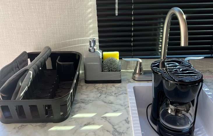 Coffee pot, dish rack, sponge, and dish soap