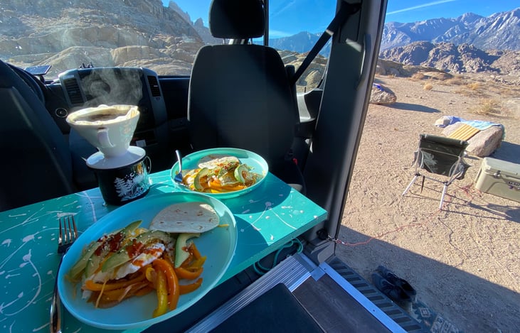 Enjoy a morning cup of coffee with the included pour over coffee kit and electric kettle. Just add grounds.
