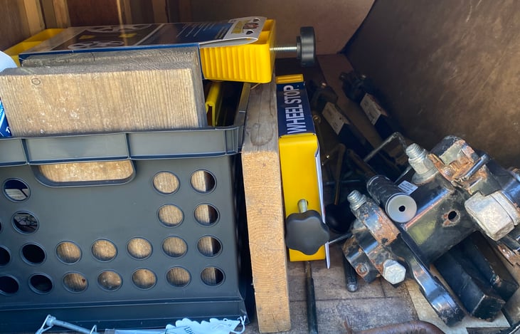 Outdoor storage.  All leveling blocks, wheel chocks and stabilizer hitch are stored here.  Plenty of room for your outdoor items.