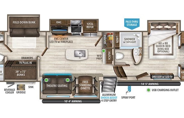 The layout of our luxurious and spacious fifth wheel unit will provide an experience for all to enjoy with a full kitchen, two bed/ two baths, a fireplace, a dining table, a sink and washer/dryer too!
