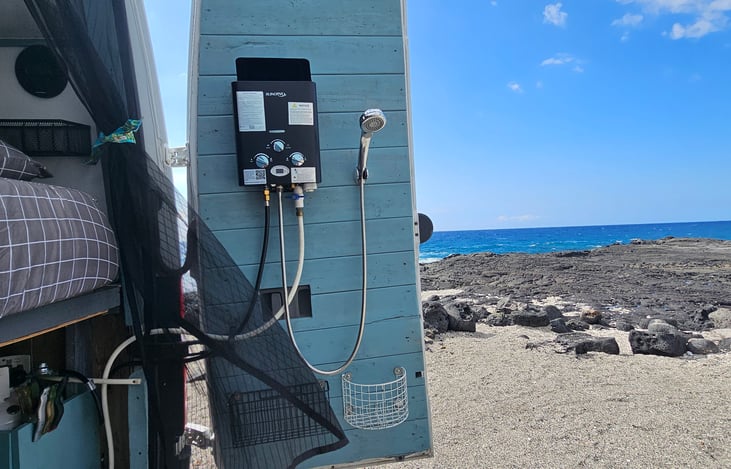Outdoor instant hot water shower, powered with a 12V 45 PSI pump