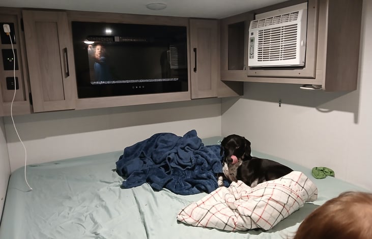Outlets and USB ports to left
Storage either side of fireplace/heater
Cubby by a/c unit
Shown with bed layer down