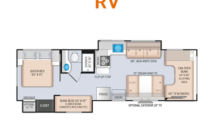 Manufacturer floor plan so you can see layout. This is the most efficient layout of an RV - the kids bunks also fold up into a sitting area. No wasted space!