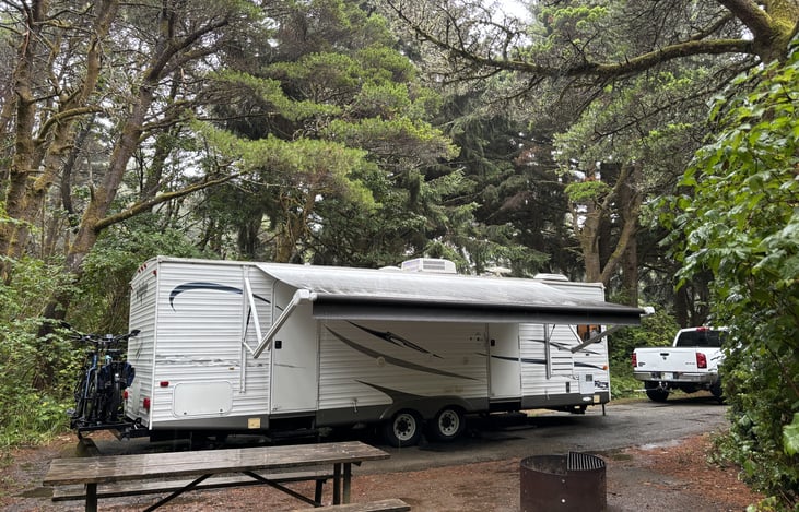 Awning covers both doors.