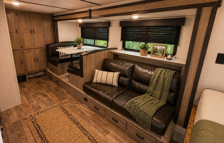 Cozy living space with sofa and dinette