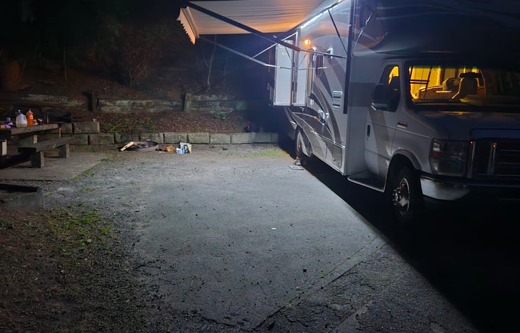 Fold out awning with porch light makes it great for a evening hangout