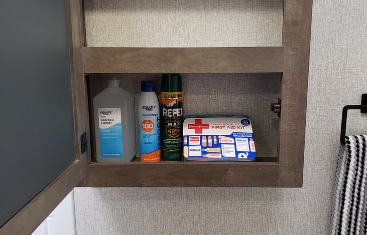 The bathroom comes stocked w/ a first aid kit, rubbing alcohol, sunscreen & bug spray