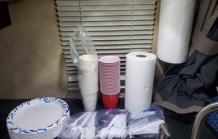 Paper plates, cups, and silverware included