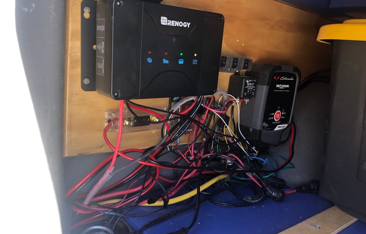 Solar never goes out.  Integrated with 200w roof solar panels and engine alternator with a huge battery. If snow is on the panels, simply turn the car on.  4000w inverter.  12v / 110 plugs throughout.