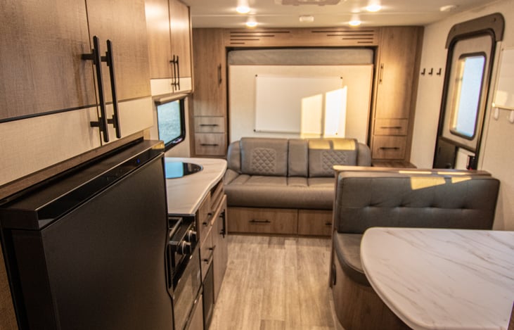 Comfortable living space perfect for weekend getaways or longer trips.