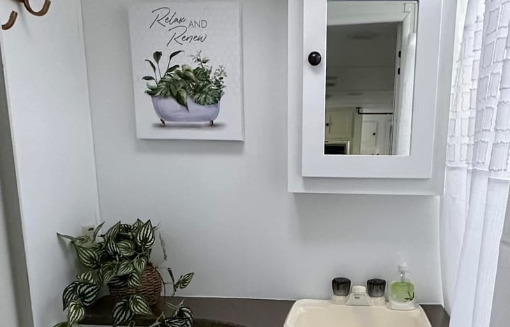 Updated picture of bathroom after adding decor and new shower curtain 05/2024