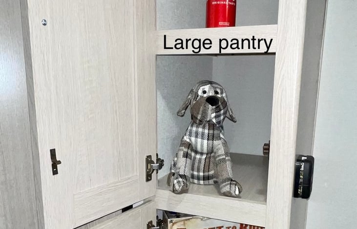 A large kitchen pantry gives you tons of space to pack groceries and supplies for one or two-week Adventures.
