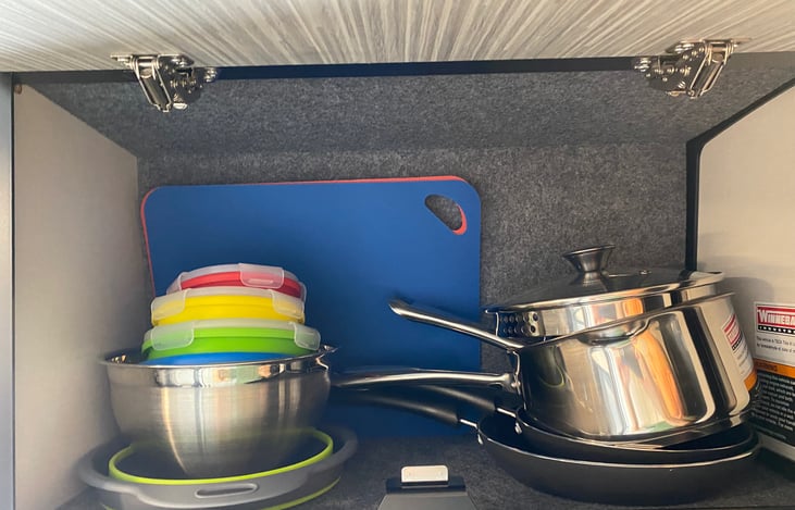 Pots, pans, cutting boards, collapsible bowls, collapsible colander