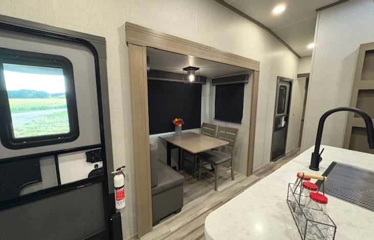 A swivel dinette provides great seating for eating indoors.