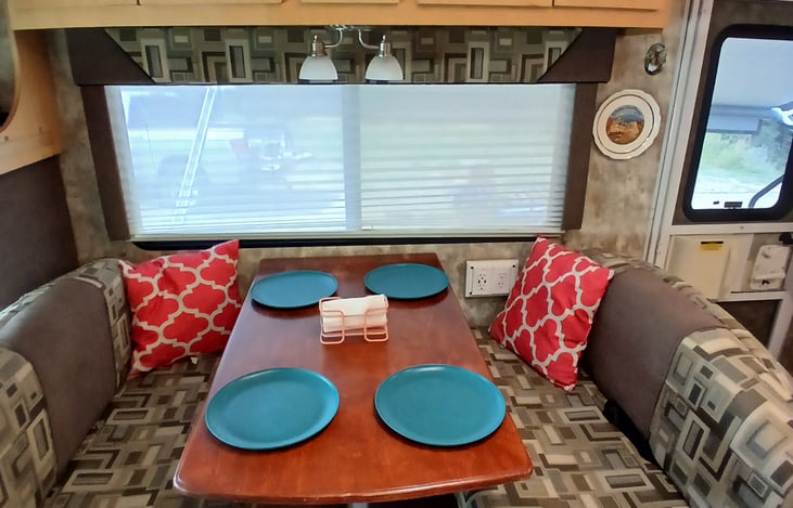 The custom-built dinette table easily seats four.