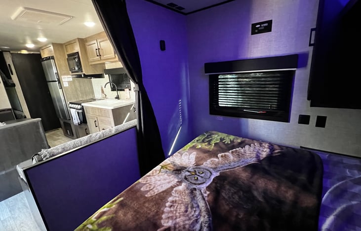 Queen bed with curtain for privacy and touch LED ceiling lights