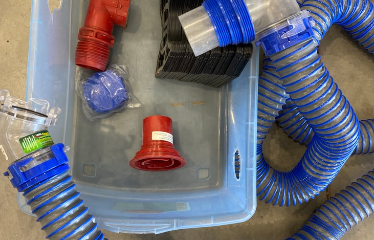 Complete sewer connection kit with new adapters, fittings and ramp