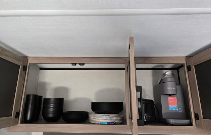 (8) large plates, (8) small plates, (8) glasses, (8) bowls, toaster, Keurig coffee machine