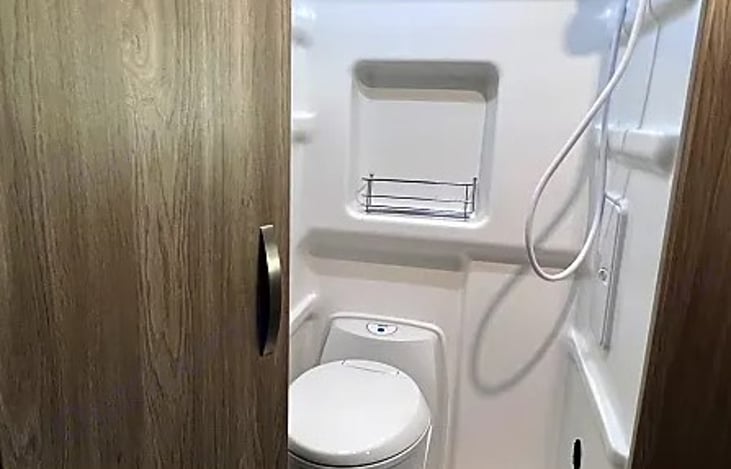 Wet bath (toilet & shower). RV friendly TP only (provided for rental).
