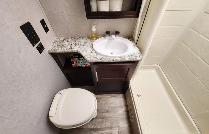 A view of the private bathroom with toilet, sink, storage, control panel, and skylight lit shower