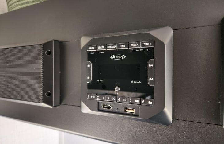 Surround sound system with speakers inside and outside! AM/FM and Bluetooth connections. Choose how you want to play your music!