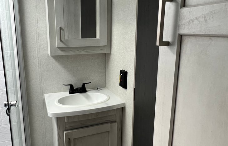 Master bath sink with cupboard above and below.