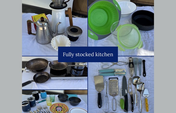Pictures of the available kitchen ware, include cookware, dinnerware, utensils, and pour over coffee set.