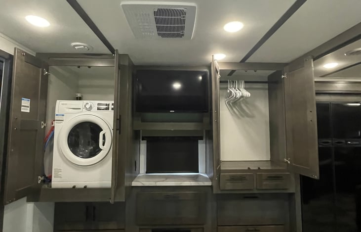 32" Flip Up LED 12V Bedroom TV w/ Storage Behind, Wardrobe Storage, Washer Dryer Combo