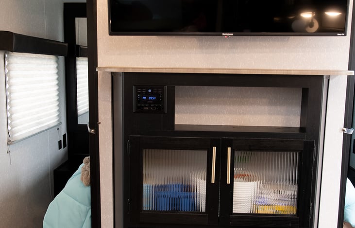 Living room fireplace with heat and TV with streaming services