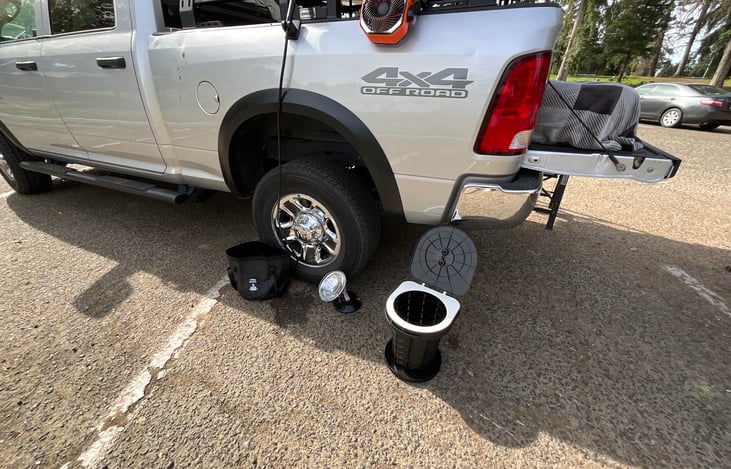 Portable shower, battery operated fan , propane heater, pots potty