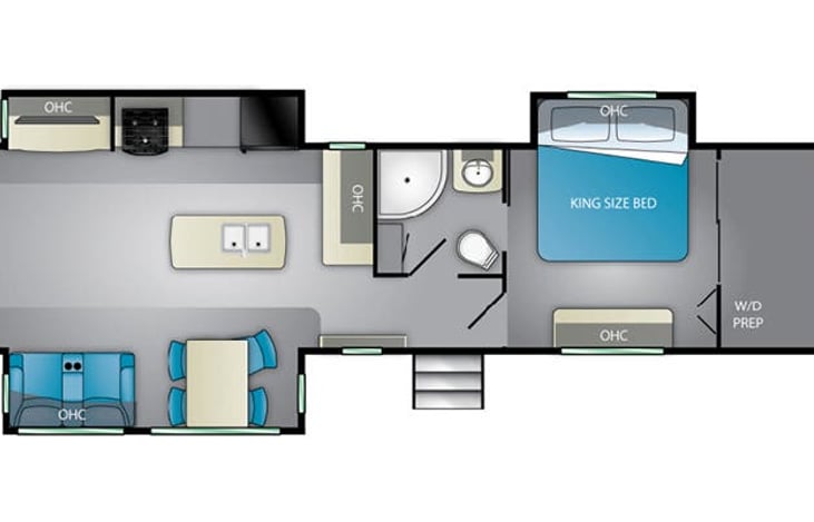 Floor plan - king bed, washer/drier at the front, kitchen center island, fireplace in the living area