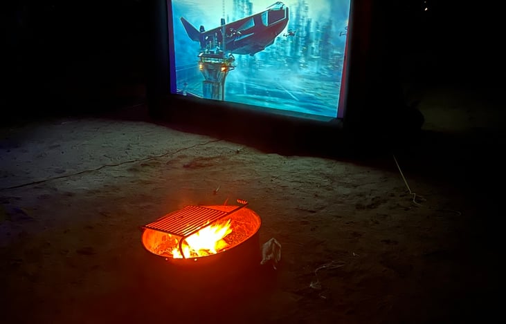 Add on Movie Night for this 16 foot  blow up screen, outdoor projector to use with DVD player and outstanding movie collection on board or stream movies from your own device.