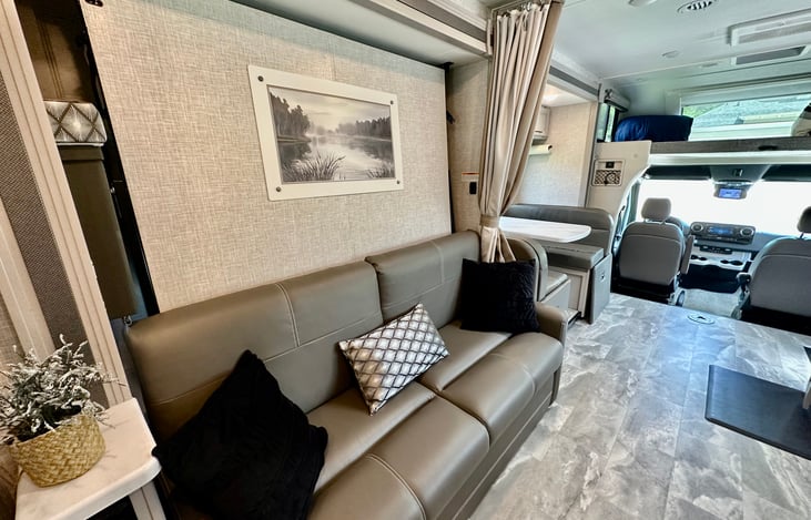 Behind this couch is where the Murphy bed is hiding!