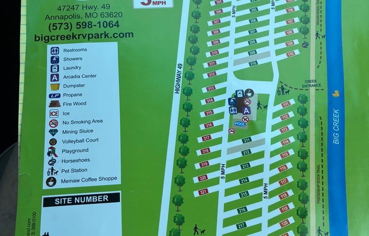 Big Creek RV Park Map.  Camper will be available to rent at this RV park in Annapolis, Mo. located near Taum Sauk Mountain, Elephant Rocks state park and Johnson Shutins