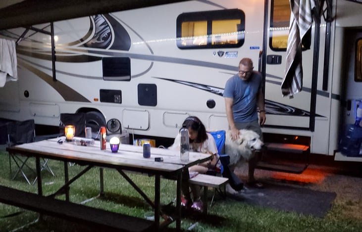 Ext. lights, speakers and awning makes hanging outside a joy.