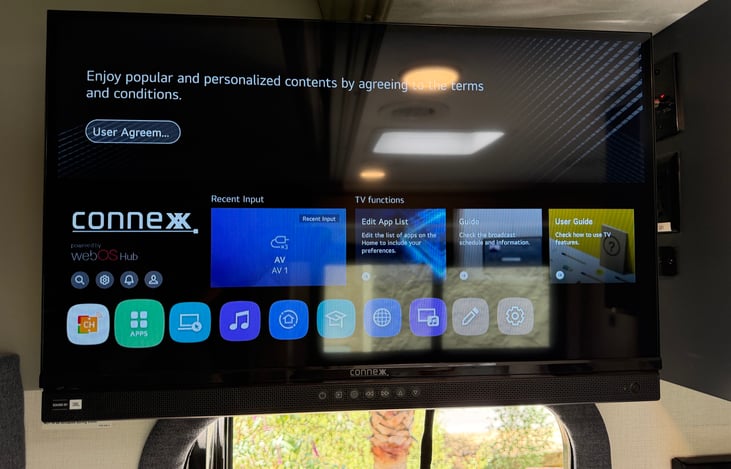TV Can run off of the RV Battery and connect to WiFi or Cable at the campground.