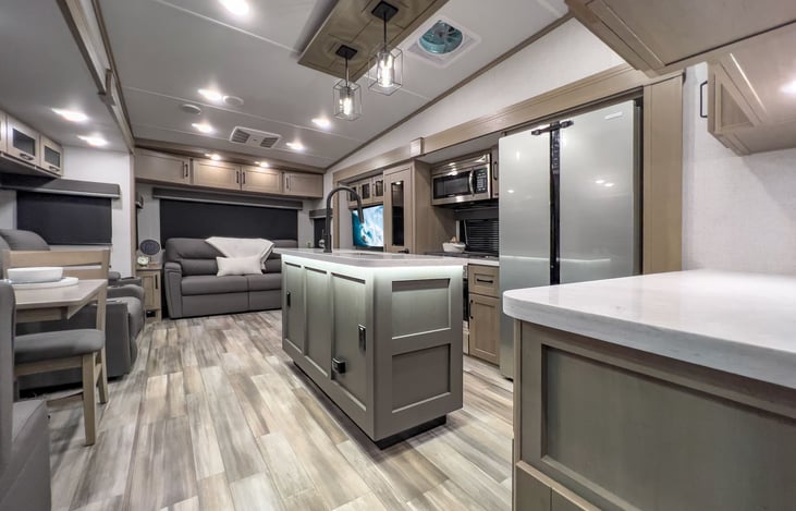 Kitchen, dining and living space.