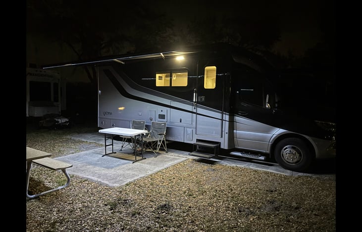 Night view with awning LED and porch light on!