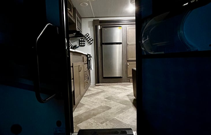 Main entryway in the rear of the camper