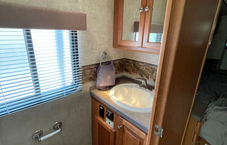 Toilet area has head and vanity area for cleanliness