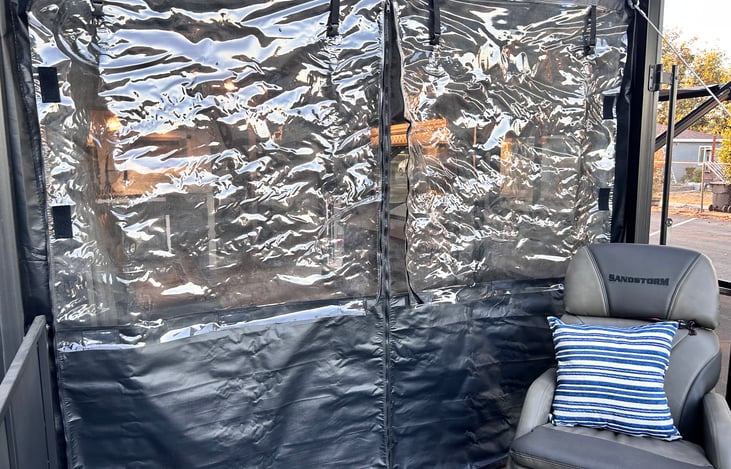 Clear plastic curtain from patio to common area