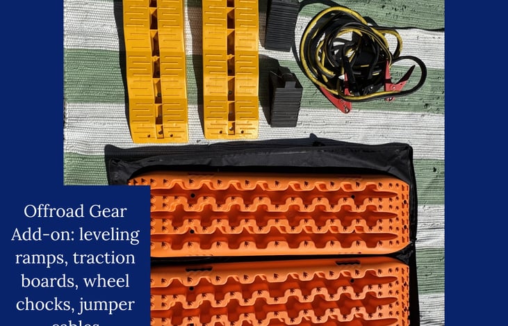 Optional add-ons with the offroad gear, including leveling ramps, traction boards, wheel chocks, and jumper cables.