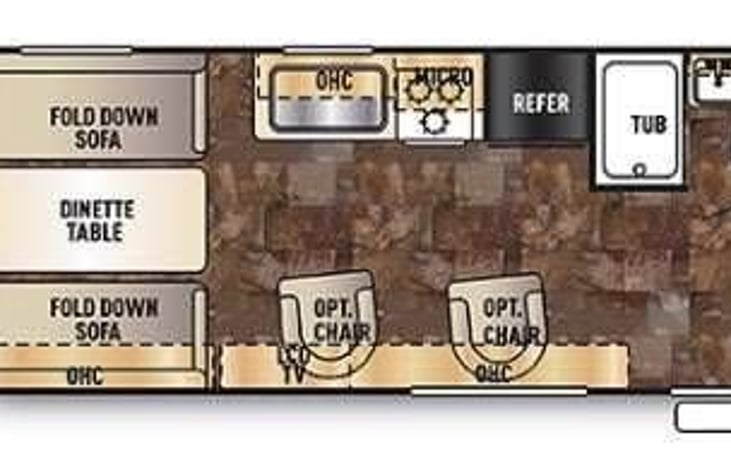 Ramp to the left, queen bed to the right.  No chairs.