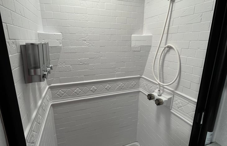 Large shower with sunlight.