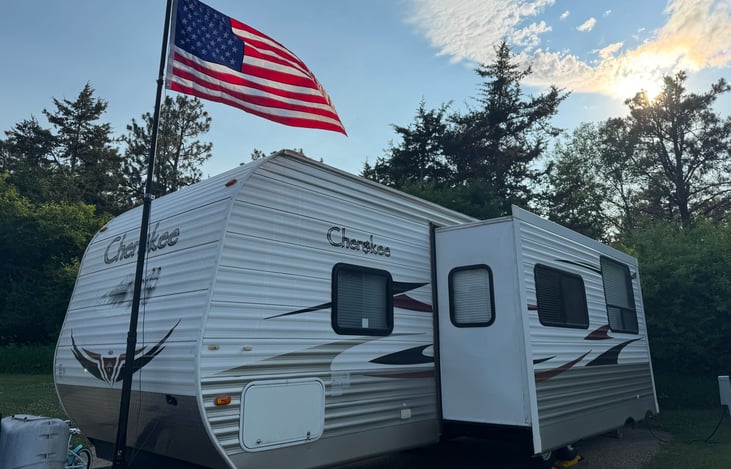 Slideout side of the camper at Pickerel Lake Rec Area in SD.